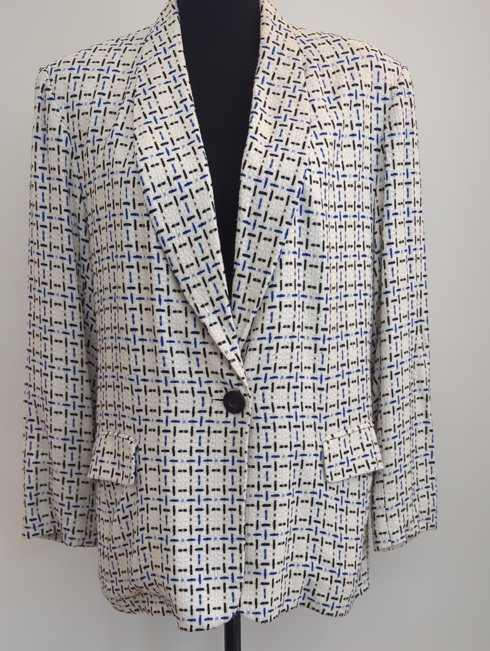 Vintage 80s Diversity Textured Tweed Blazer Blue Cream Geometric Power Jacket